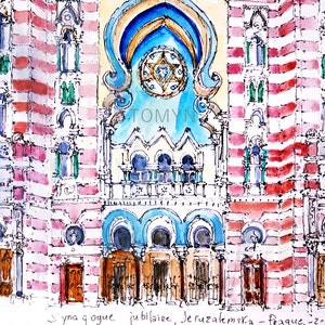 PRAGUE. JERUSALEM SYNAGOGUE. Jubilee Synagogue. Prague, Czech Republic. Prague Synagogue Wall Art. Original Watercolor Of Prague. image 2