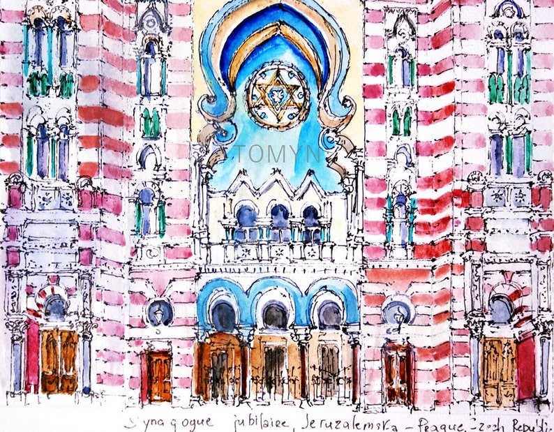 PRAGUE. JERUSALEM SYNAGOGUE. Jubilee Synagogue. Prague, Czech Republic. Prague Synagogue Wall Art. Original Watercolor Of Prague. image 2