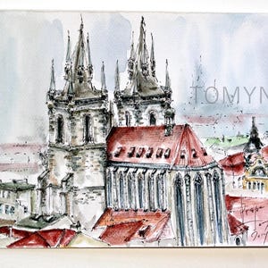 ARTE MURALE DI PRAGA. Chiesa di Nostra Signora di Tyn. Città Vecchia di Praga. Stampa artistica della città ceca. Stampa ad acquerello di Praga. Stampa della chiesa di Praga.