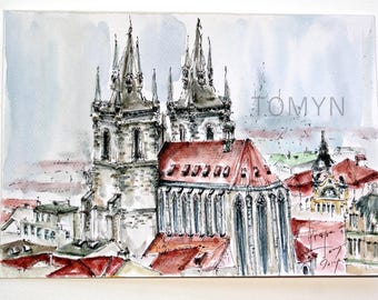 PRAGUE WALL ART. Church of Our Lady Before Tyn. Old Town of Prague. Czech City art Print. Watercolor print of Prague. Prague Church Print.