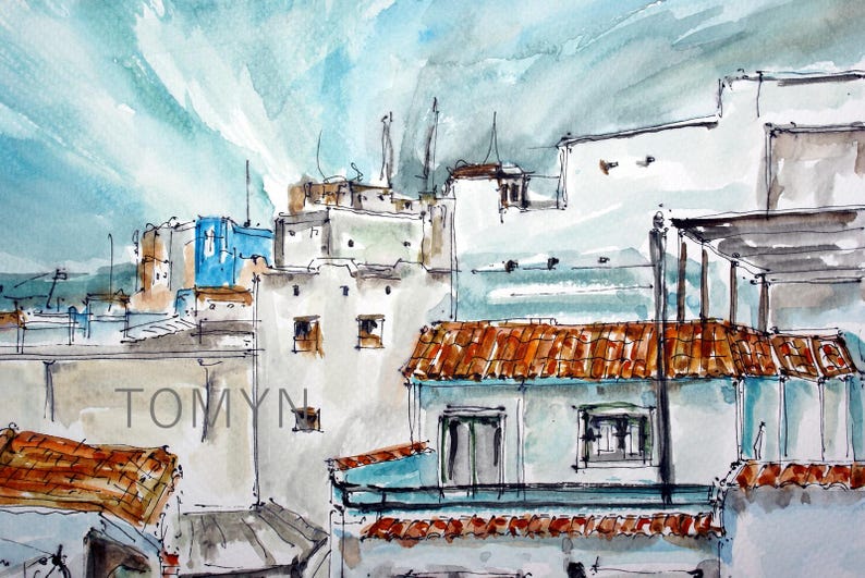 May include: Watercolor painting of a cityscape with buildings in various shades of blue, white, and brown. The buildings have red tile roofs and some have windows. The sky is a light blue with white clouds. The painting is signed "TOMYN" in the lower right corner.