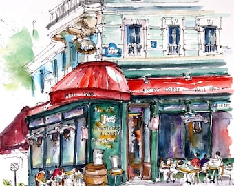 BISTROT  CORSE HALL 1900.Paris Rue Quincampoix. Paris Cafe Art. Paris Original Painting. Paris Waterocolor. Parisian Wall Art. Paris Bistro