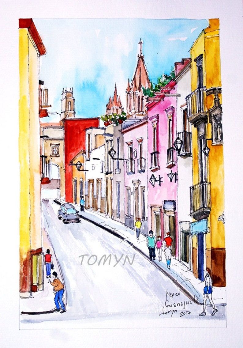 Guanajuato Mexico View from San Miguel de Allende Original watercolor painting.