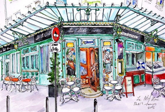 Le PETIT ZINC. Paris  Cafe Wall Art. The St-Germain area. Parisian Restaurant .Paris Art Print. Print From Original Watercolor Painting.