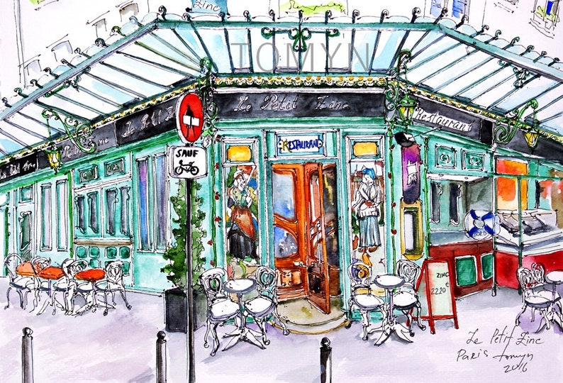 May include: A watercolor painting of a green building with a sign that reads "Le Petit Zinc" and "Restaurant". There are tables and chairs outside the building, and a sign that says "Sauf" with a bicycle symbol.