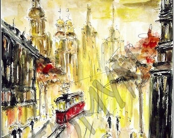October in Lviv. Red tram. Art print.Print  from  original watercolor.