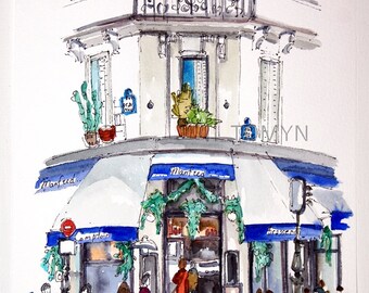 CAFE  MANFRED. PARIS. Traditional Parisian Bistro. Paris Wall Art. Paris Original Painting. Watercolor Of Paris. Paris Cafe Art.