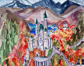 Neuschwanstein Castle: German Architecture in the Bavarian Alps. Bavaria's Fairytale Landmark Original Painting.
