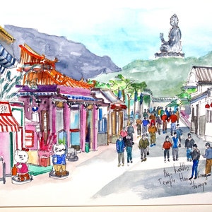 HONGKONG. CHINA. Grote Boeddha Tempel.  Bronzen Beeld Kunst. Hong Kong Aquarel. Bezienswaardigheden in Hongkong. Origineel schilderij Van Hong Kong.