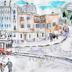 Old Time in Lviv. Testynska Street. Lviv Original Watercolor. Lviv Wall Art. Lviv Tram Art. Lviv Painting. Ukraine Gift Art. Ukraine Art