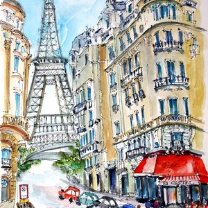 May include: A watercolor painting of a Parisian street scene with the Eiffel Tower in the background. The street is lined with buildings, and there are cars parked on the side of the road. There is a cafe on the corner with a red awning and the words "Le Castel" written on it. The painting is signed "Tomyn 2013" in the bottom right corner.