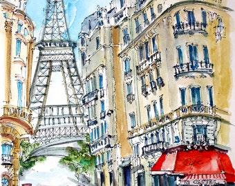 PARIS. EIFFEL TOWER. Cafe Castel. Champ de Mars. Parisian Wall Art. Paris Cafe Art. Paris Gift Art. Paris Print. Paris Tower Art Print