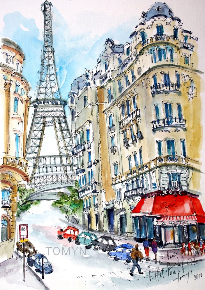May include: A watercolor painting of a Parisian street scene with the Eiffel Tower in the background. The street is lined with buildings, and there are cars parked on the side of the road. There is a cafe on the corner with a red awning and the words "Le Castel" written on it. The painting is signed "Tomyn 2013" in the bottom right corner.
