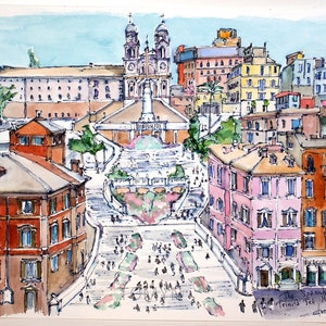 ROME. The SPANISH  STEPS. Church Trinita Dei Monti. Italy  Wall Art. Rome watercolor Print. Rome Print Italian Wall Art. Piazza di Spagna