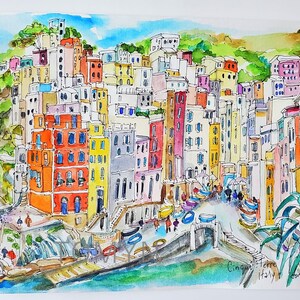 May include: Watercolour painting of a colourful Italian village with buildings stacked on top of each other. The village is located on a cliff overlooking the sea. The painting is signed "Cinque Terre, Italy" and dated "July 2020".