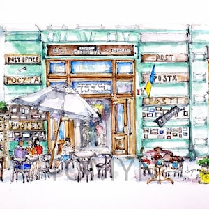 PEINTURE À L’AQUARELLE UKRAINE. Bureau de poste sur la rue Drukarska. Lviv Art original.
