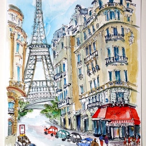 May include: A watercolor painting of a street scene in Paris, France. The Eiffel Tower is visible in the background, and there are buildings and cars in the foreground. A cafe with a red awning is on the right side of the image. The painting is signed "Tomyn" and dated "January 2013".