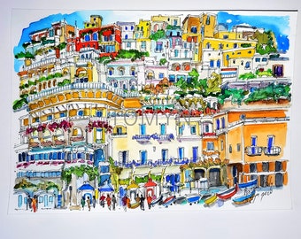 POSITANO. ITALY. Campania. Amalfi Coast.Province of Salerno. Italy Watercolor Print. Italy Wall Art. Italian Art Print. Italy Coasts Art.