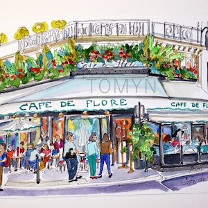 CAFE DE FLORE PARIJS. Boulevard Sint-Germain. Franse muurkunst, aquarel van Parijs, Parijse café Frankrijk. Origineel.