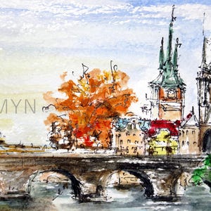 May include: Watercolor painting of a bridge with two towers in the background. The bridge is brown and has arches. The towers are tall and have pointed roofs. There are trees on either side of the bridge. The sky is blue and there are clouds.
