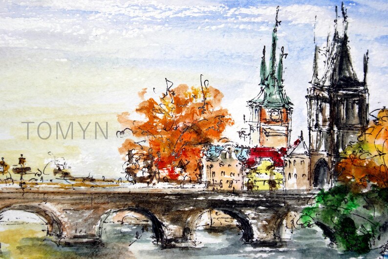 May include: Watercolor painting of a bridge with two towers in the background. The bridge is brown and has arches. The towers are tall and have pointed roofs. There are trees on either side of the bridge. The sky is blue and there are clouds.