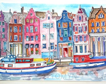 AMSTERDAM HOUSES. Dutch Canal Buildings. Amsterdam Original Art. Netherlands Watercolor Painting. Hollande Gift Art. Amsterdam Wall Art