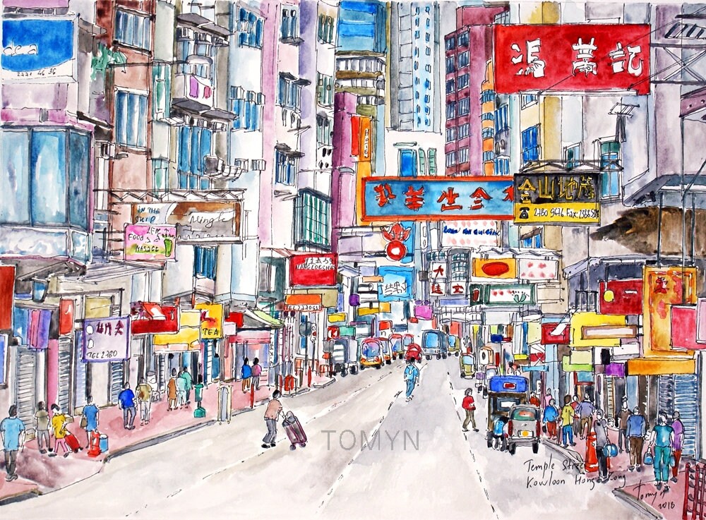 【限定版画】CHAN KAU ON “Kowloon and Hong Kong ” 69/1000 New! KOWLOON. HONG KONG. Advertisement and Neons at Mongkok Street