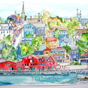 Nova Scotia. Lunenburg.Colorful Buildings originele aquarel. Canadese schilderkunst. Visserijmuseum van de Atlantische Oceaan. Canada cadeau muurkunst