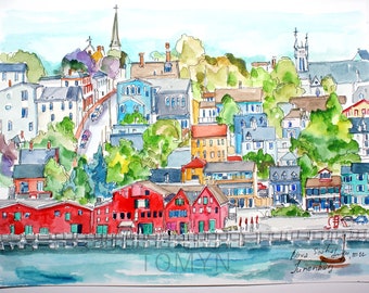 Nova Scotia. Lunenburg.Colorful Buildings Original Watercolor. Canadian Painting Art. Fisheries Museum of the Atlantic. Canada Gift Wall Art