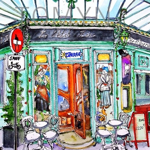 May include: A watercolor painting of a Parisian cafe called "Le Petit Zinc" with a green awning and red doors. The cafe has a sign that says "Restaurant" and a sign that says "Zinc 22.20 &euro;". There are tables and chairs outside the cafe.
