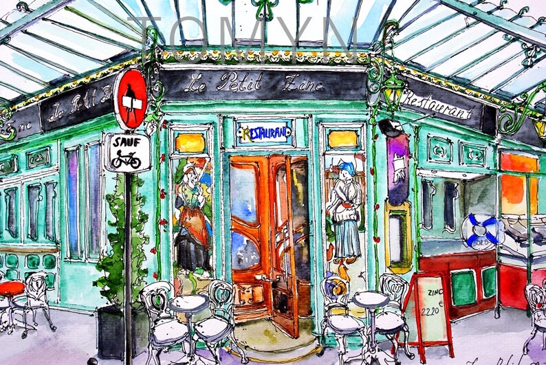 May include: A watercolor painting of a Parisian cafe called "Le Petit Zinc" with a green awning and red doors. The cafe has a sign that says "Restaurant" and a sign that says "Zinc 22.20 &euro;". There are tables and chairs outside the cafe.