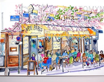 New! Le VRAI PARIS Café. MONTMARTRE. Restaurant Paris Art. Original Watercolor Art. Traditional French Bistro. Paris Wall Décor. Paris Gift.