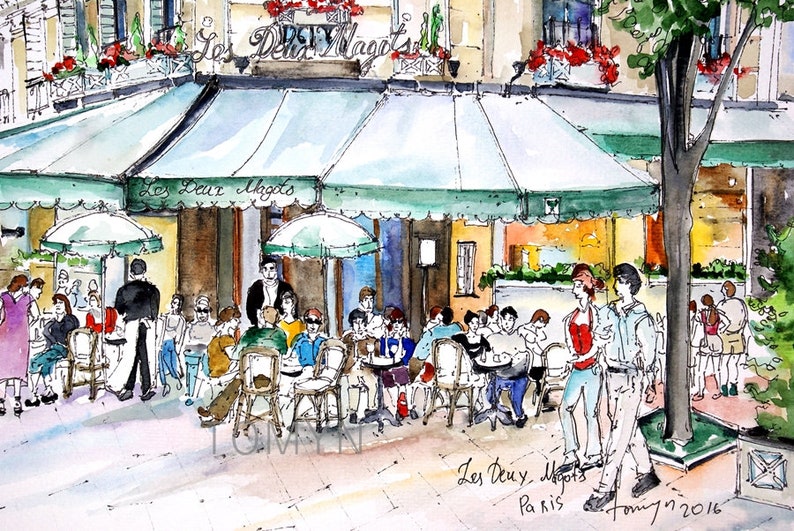 May include: A watercolor painting of a Parisian cafe called "Les Deux Magots" with people sitting at tables outside. The cafe has a green awning and is surrounded by trees. The painting is signed "Tom 7/2016".