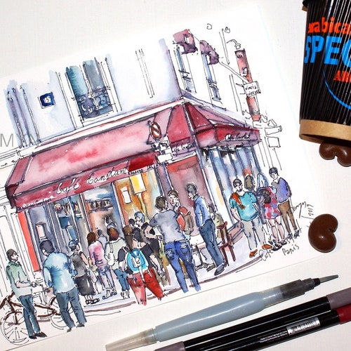 PARIS CAFE CONSTANT. Paris Restaurant Art. Paris Original Wall Art. Parisian Home Décor. Paris Original shops Painting. French Watercolor Art.