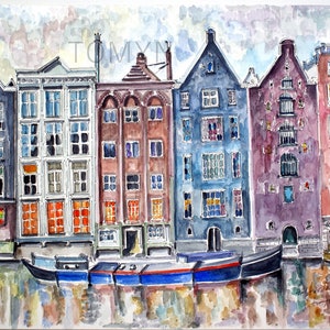Arte delle case olandesi. Acquerello originale di Amsterdam. Arte delle case di Amsterdam. Arte murale olandese. Arte regalo di Amsterdam. Dipinto olandese.