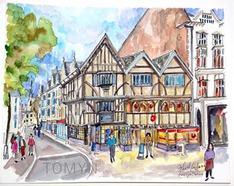 Cornmarket Street in Historic Centre of Oxford Watercolor Painting. Oxfordshire Original Painting. England, United Kingdom Wall Art.