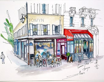 New! COMME  CHAI TOI. Paris Restaurant Saint Michel. Paris Original Art. Paris Watercolor. Paris Wall Art.  French Restaurant in Paris