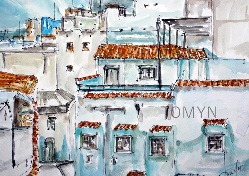 May include: Watercolor painting of a cityscape with blue and white buildings, red tile roofs, and a balcony. The painting is signed "Tomyn" in the bottom right corner.