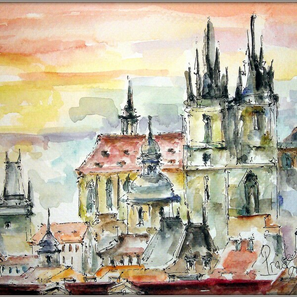 Original   watercolor  painting. Charming Prague. Watercolor graphics in warm colors. The architectural style of the author.