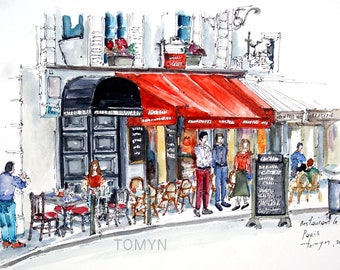RESTAURANT Le DELI'S PARIS. Montmartre. Paris Cafe Art. Paris Bistro Painting. Paris Wall Art. Paris Watercolor Art. Paris Original Art.