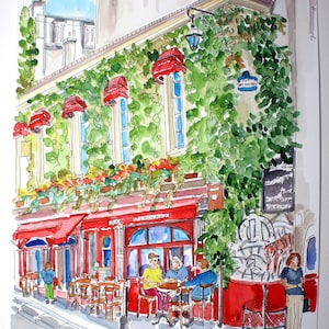 NEW! Paris Restaurant CHEZ MARIANNE. Paris Watercolor Painting. Mediterranean Restaurants in Paris. Paris Original Art. Parisian Gift Art.