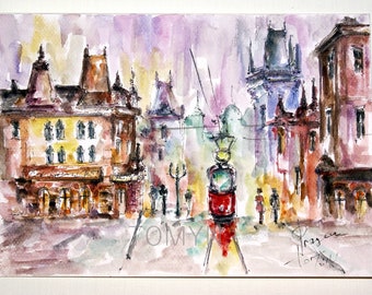 PRAGUE. Tram at Old Street in Prague. OLD TOWN. Czech Republic Art. Original Watercolor Prague. Wall Art of Prague.