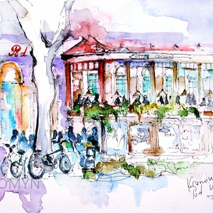 May include: Watercolor painting of a street scene with a building labeled "Central Entrance". The artwork features people, bicycles, and a tree. The color palette includes shades of purple, red, and blue.
