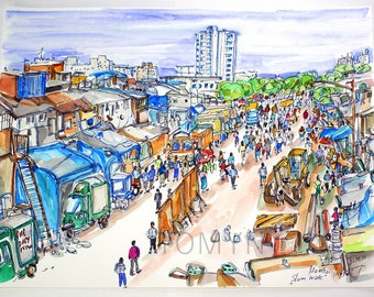 May include: A watercolor painting depicting a busy street scene in Mumbai, India. The painting shows a crowded street with people walking, shops, and buildings. There are also several vehicles, including trucks and a bulldozer. The painting is done in a loose, expressive style, with vibrant colors and bold lines.