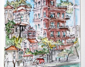 INSTANBUL  Art Print . View from the BOSPHORUS. Turkey  Architecture Wall Art. Instanbul Print. Instanbul Houses Print.
