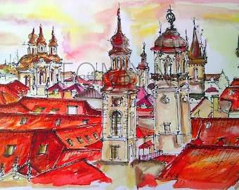 PRAGUE WALL ART. Terracotta Roofs of Prague Fine Art Print. Watercolor Print Prague. Fine art Print Prague.