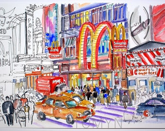 New! NEW YORK City. New York Watercolor. NYC Original Art. New York Night Lithing. New York Street Art. New York Taxi Art. Manhattan Art