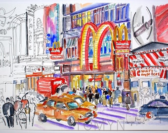 New! NEW YORK City. New York Watercolor. NYC Original Art. New York Night Lithing. New York Street Art. New York Taxi Art. Manhattan Art