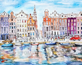Impresión artística de Ámsterdam.  Arte mural de los Países Bajos. Impresión de edificios tradicionales holandeses.  Impresión de casas de Ámsterdam. Impresión Holandesa.