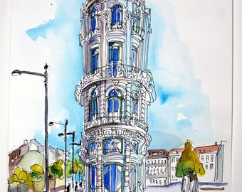 1908 Lisboa Hotel  Watercolour Art.  Luxury Boutique Hotel  Original Painting. Art Nouveau Luxury Hotel Art in Central Lisbon.